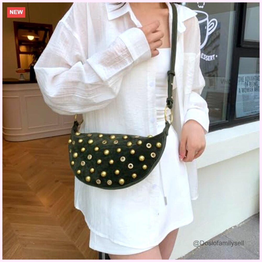 Studded Hobo Bag Faux Suede Y2K Trendy Shoulder Crossbody Purse Adjustable Strap - Picture 2 of 7